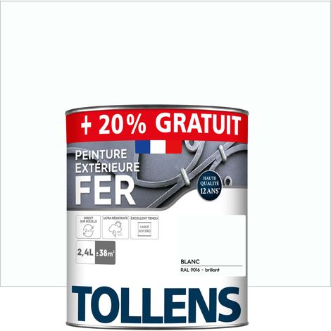 Tollens – Peinture fer extérieure antirouille 2 en 1 – Ultra résistante – Séchage rapide – Brillant – Blanc RAL 9016 – 2,4L pour 38m2