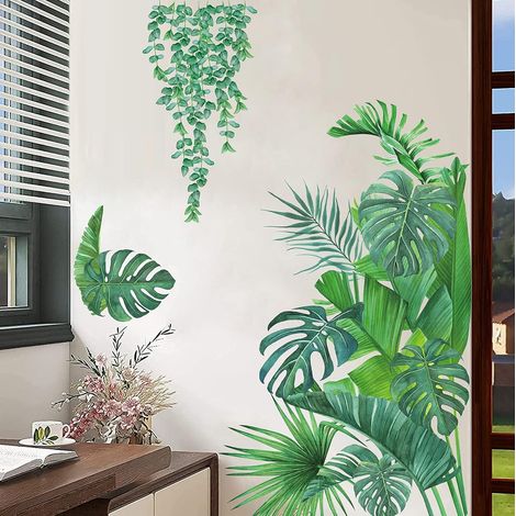 Sticker mural feuilles vertes - Plante tropicale moderne - Décoration murale amovible - Taille E - 1 pièce - Vert - Décoration printanière pour salon, chambre ou fenêtre (1/5)