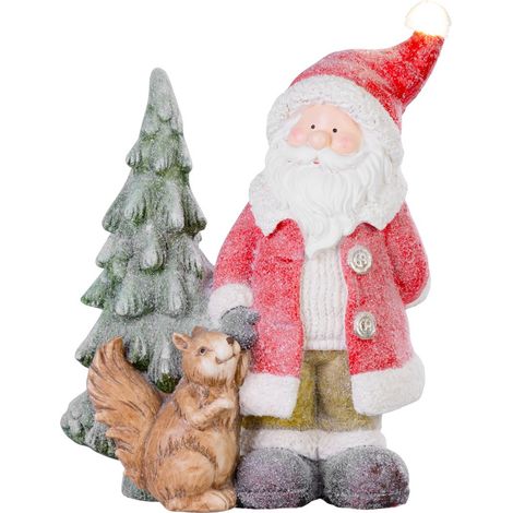 Weihnachtsdekoration MagicHome, Weihnachtsmann mit Eichhörnchen und Bäumchen, 1 LED, 2xAAA, Keramik, 35,50x20x46 cm (1/3)