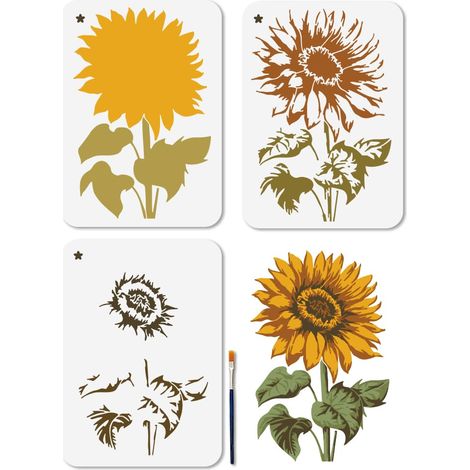 3 pochoir Réutilisable en Forme de Tournesol 21 x 29.7cm Motif Floral avec Pinceau pour Décoration Murale en Bois Cadeau pour la Maison (1/5)