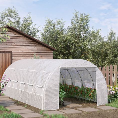 Serre de jardin 18m² 6x3x2m, portes et parois zippées, 12 fenêtres, PE 140g/m² anti-UV, acier, blanc, pour potager