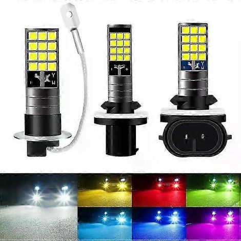 Lot de 2 ampoules LED H3 H27 881 880 pour feux de brouillard, éclairage puissant pour la conduite de jour et de nuit, 12 V, 6000 K, blanc, bleu, jaune, vert