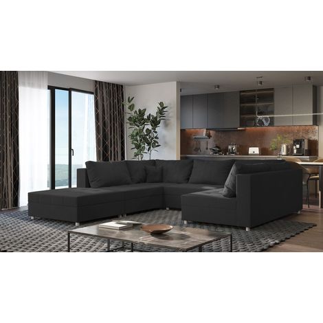 Wohnlandschaft Sofa ANDRO Schlaffunktion und Hocker Stoff Lincoln Schwarz (1/5)