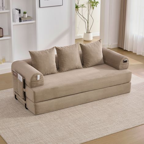 Canapé modulable 3 places 200x94x67 cm, canapé pliable avec poches latérales, 3 coussins, velours côtelé et métal, kaki (1/5)