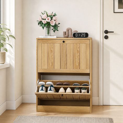 Mueble zapatero 60 cm con 2 puertas abatibles, ahorro de espacio para entrada y pasillo, MDF acabado roble (1/5)
