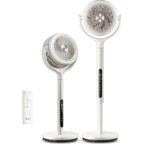Midea MCF25GRW Ventilatore a Piantana Silenzioso 21db, 135°+120° Omnidirezionale Oscillazione, Motore DC & Doppia Lama, 12 Velocità & 24m Distanza, Timer 15H con Telecomando, Altezza Regolabile