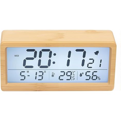 Una sveglia digitale intelligente con ampio schermo LCD e un orologio da tavolo digitale con indicatori di temperatura, umidità e retroilluminazione. (1/5)
