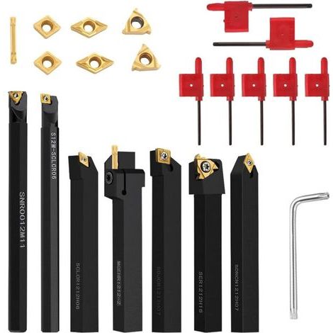 22 Pièces Ciseaux de Tournage Kit, Inserts en Carbure Avec Porte-Outil et Clé, 12mm Jeu Outil de Tournage de Tour, Outils Tour a Metaux Accessoires (1/4)