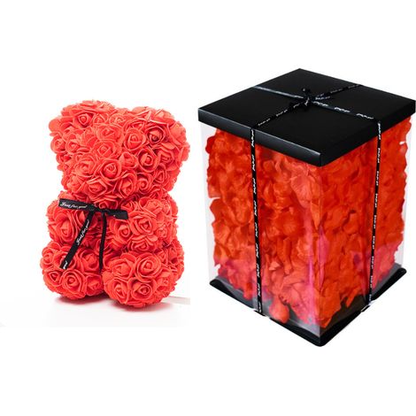 Ours en rose 25 cm rouge + emballage + pétales (1/5)