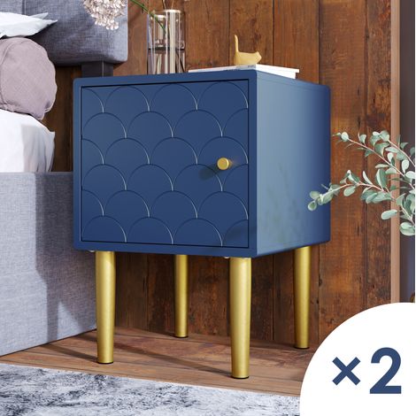 MEUBLIV Lot de 2 tables de chevet bleu marine 35x35x51 cm – porte motif écailles (1/5)