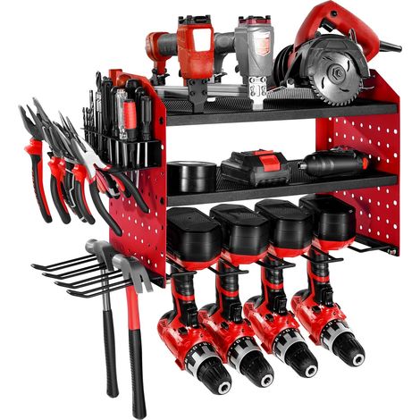 Organiseur mural pour outils électriques, support de rangement à 3 niveaux avec 4 supports de perceuse, porte-outils avec panneaux perforés latéraux, étagère à outils pour garage et atelier (1/5)