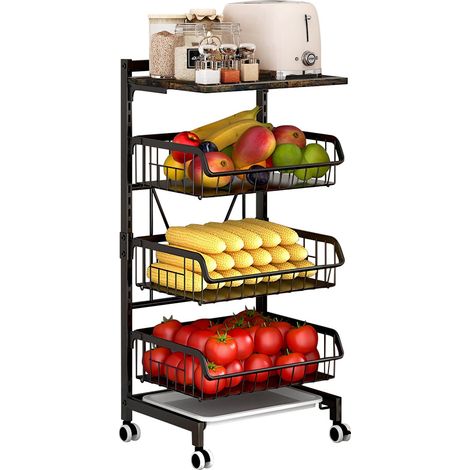 Todeco – Chariot de rangement à fruits et légumes 4 niveaux – Acier carbone durable – Roues pivotantes verrouillables – Design en maille métallique