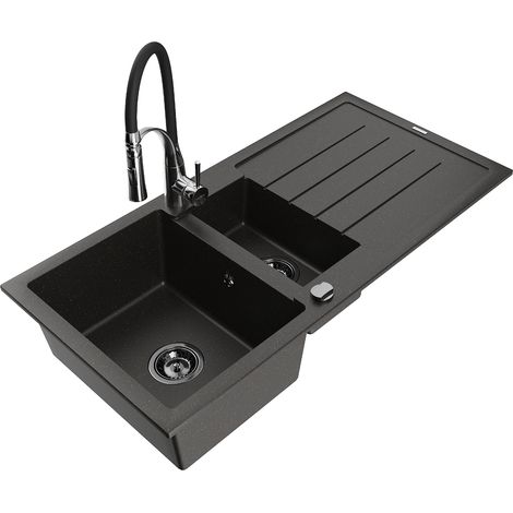 Mexen Andres Granitspüle 1,5-Becken mit Abtropffläche und Küchenarmatur Aster, schwarz/gold-metallic - 6515-75-73450-07-B (1/5)