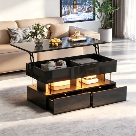 Table basse relevable 100 x 50 x 46 cm, noir, MDF, LED, 2 tiroirs, rangement caché (1/5)
