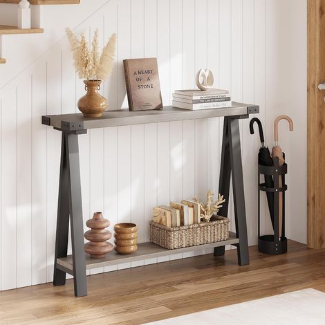 Table console grise étroite 110 cm à 2 étagères, table d'entrée pour salon et vestibule (1/5)