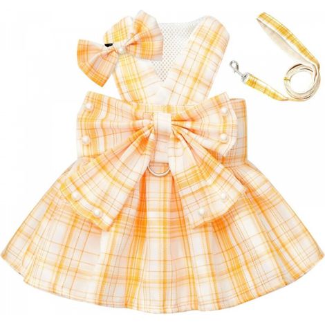 Robe mignonne pour chien, vêtements pour petits chiens, chats, filles, femelles, carreaux jaunes, nœud papillon, harnais pour chien (1/4)