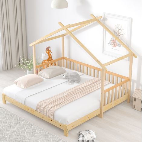 MEUBLIV Lit cabane extensible en pin naturel pour enfant lit simple et double avec barrière sur trois côtés structure stable et montage facile (1/5)