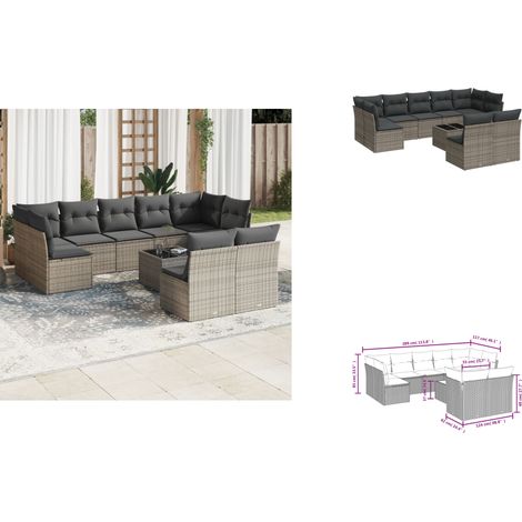 10-tlg. Garten-Sofagarnitur mit Kissen Grau Poly Rattan - Gartenmöbel Set - PE-Rattan Möbel - Outdoor Sofa - Esstisch - Lounge Set (1/3)