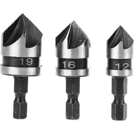 Set mit 3 90°-5-Nut-Senkbohrern für Holz und Metall, 6,35 mm Sechskantschaft, Senkbohrer aus Kohlenstoffstahl mit Schnellwechselmechanismus (1/5)