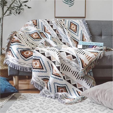 Sofadecke mit Quaste, Sofaüberwürfe, Strickdecke, Decke im Azteken-Ethno-Stil, für Zuhause, Büro, Reisen, Camping. (Geometrische Muster, 130180cm) (1/5)