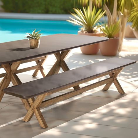 NESTOR - Banc 240x40cm effet béton marron pieds en bois d'acacia