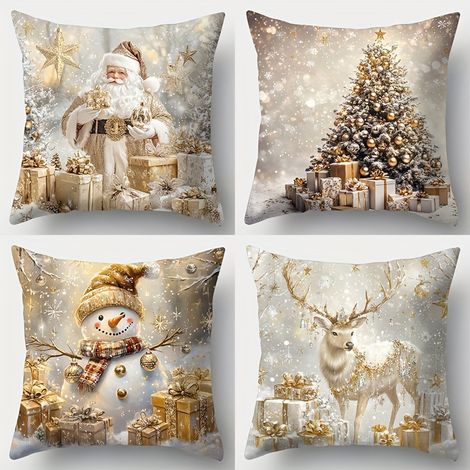 Ensemble de 4 Taies d'Oreiller de Noël, Taie d'Oreiller Décorative avec Bonhomme de Neige, Père Noël, Élan et Sapin de Noël, Convient pour la Décorati (1/5)