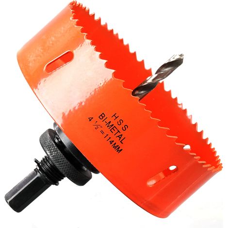 Scie Cloche Bi-métal 114 mm, M42 HSS Bimétallique Scie Trèpan avec Foret de Centrage pour Perceuse à Percer pour Fer, Aluminium, Bois, Cloison Sèche, Tuyau, Panneau de Fibres de Bois/Orange (1/5)