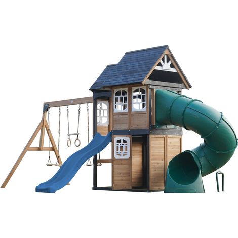 Axi Noud Aire De Jeux En Bois, 2 Balançoires, Toboggan Tubulaire Et Toboggan Bleu Maisonnette Xxl Pour Enfants Avec Structure D'Escalade Et Trapèze Pour Le Jardin