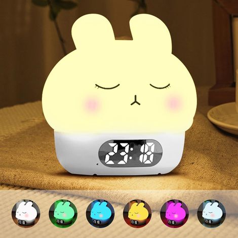 Réveil Lumineux, Veilleuse Lapin pour Chambre d'enfant  Horloge Numérique Rechargeable, Double Alarme, Snooze, 9 Modes de Couleur, Lampe de Chevet Enfant pour la Décoration (1/5)