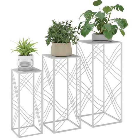 Lot de 3 Supports pour Plantes en Métal Blanc, Sellettes Porte-Plantes Empilables 50 60 70 cm Décoration Intérieur Extérieur (1/5)