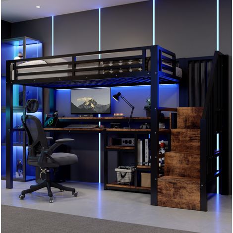 Letto a soppalco 90x200 cm, con scala contenitore, porta USB e Type C, striscia LED, MDF e metallo, nero (1/5)