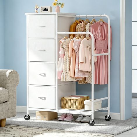 White 120cm Tall Narrow Chest of Drawers, 4 Fabric Drawer 3-in-1 Storage Dresser with Dual Clothes Rails, Open Shelf & 360° Silent Lockable Castors for Bedroom Hallway (1/5)