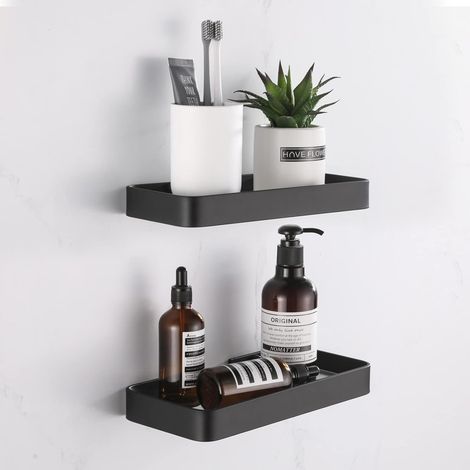 Lot de 2 Étagère Douche Sans Percage, Aluminium Et Verre Trempé, Rangement Shampoing Salle De Bain, 25cm Noir