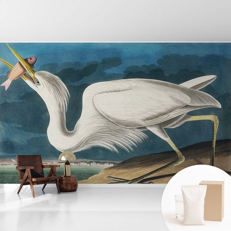 Papier peint intissé mural classique avec imprimé motifs décoratifs design élégant non‑tissé Oiseau avec un poisson 416x254 cm (1/5)