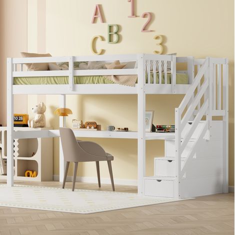 Lit mezzanine 90x200 cm en pin blanc avec bureau et rangement, gain de place – sans matelas – MEUBLIV (1/5)