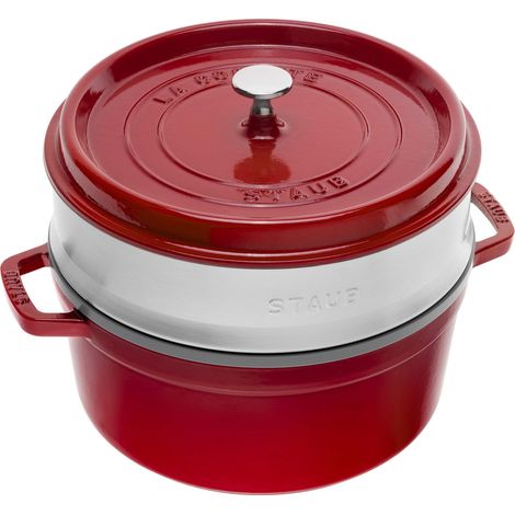 STAUB Casseruola/Cocotte in Ghisa, con Inserto per Cottura a Vapore, Tonda 26 cm, 5,2 litri, Interno della Pentola con Smaltatura Nera Opaca, Ciliegia (1/4)