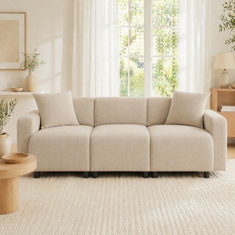 Sofá de 3 plazas en tela beige, diseño elegante con reposabrazos redondeados, 2 cojines y respaldo alto, ideal para salón, dormitorio u oficina  CHICFURN (1/5)