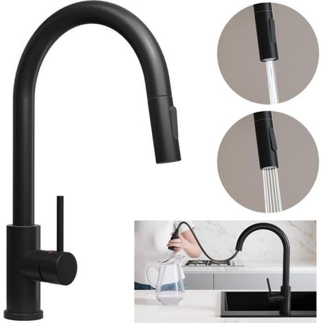 Robinet de cuisine 9010 noir avec deux types de jet, Robinet haute pression, Robinet de cuisine pivotant à 360° avec bec rétractable (1/5)