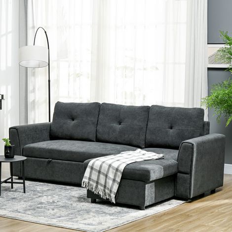 Sofá de 3 plazas con función de cama, sofá cama con chaise longue, sofá tapizado, gris oscuro (1/5)
