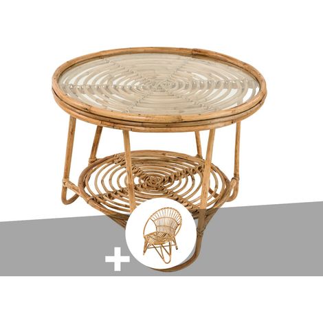 Ensemble salon de jardin bohème, fauteuil rotin rond + table basse - Jardiline (1/4)