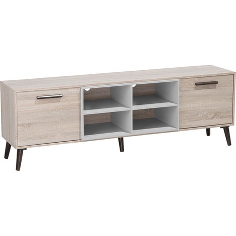 Soporte para TV de madera clara con gris para TV de hasta 78ʺ unidad multimedia 2 gabinetes con estantes Alloa