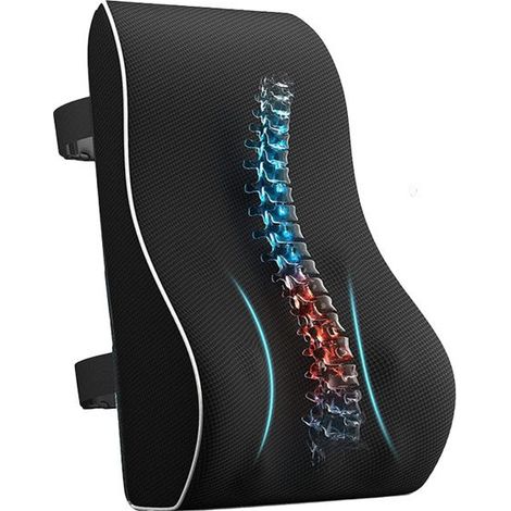 Coussin lombaire ergonomique, support dorsal en mousse à mémoire de forme pour siège auto ou chaise de bureau, support dorsal avec revêtement antistatique et doubles sangles réglables, noir (1/4)
