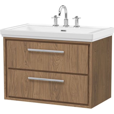 Longnor 2 Drawer Wall Hung Vanity Unit with 3 Tap Hole Traditional Fireclay Basin, Antique Oak, 800mm
