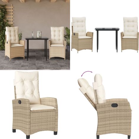 3-tlg. Garten-Essgruppe mit Kissen Beige Poly Rattan - Gartenstuhl - Gartentisch (1/5)