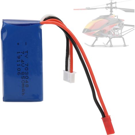 Batterie pour hélicoptère radiocommandé 7,4 V 850 mAh compatible avec les modèles WLtoys V912, V262 et V333 (hélicoptère monopalme 4 canaux). (1/4)
