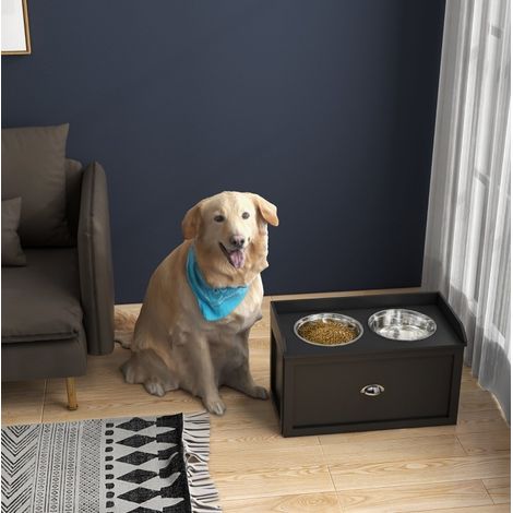 Comedero elevado para perro con 2 cuencos de 2 L y cajón, negro y plata DESVIAE (1/5)