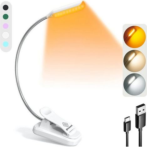 Lampe de Lecture, Lampe à pince, Lampe Chevet, Mini lampe de lecture livre, 3 couleurs et 3 niveaux de luminosité, Lumière de livre légère, Blanc, KINSI (1/4)