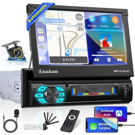 1 Din Automatic Retractable Folding Bluetooth Car Radio with Carplay Android Auto, 7 Inch Motorised and Extendable Screen Car Radio with Bluetooth Mirror Link USB FM AUX Backup Camera (1/5)