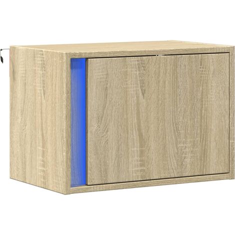 Mesita de noche de pared con luces LED y compartimento con puerta 50 x 31 x 35 cm madera de ingeniería color roble DEC034192 (1/5)