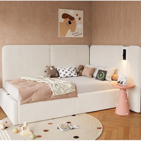 Letto daybed imbottito in velluto beige 90x200 cm con testiera, vano contenitore idraulico, USB/Type-C e lampada lettura